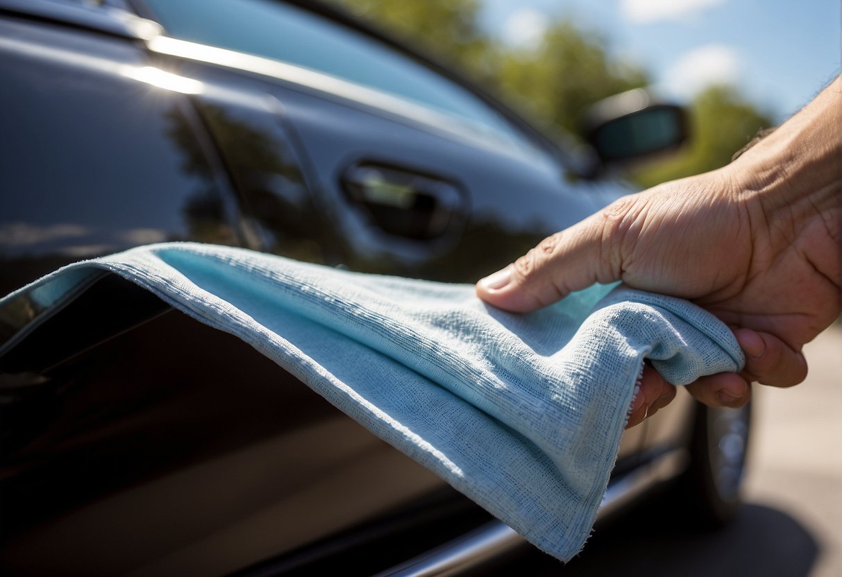 A hand holding a polishing cloth buffs out a car scratch, revealing a smooth, shiny surface