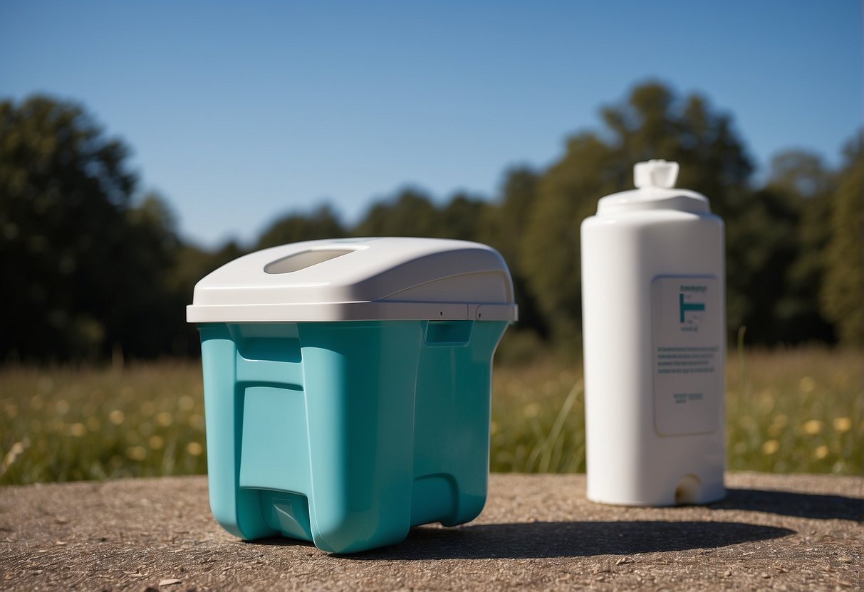 A portable car toilet consists of a sturdy plastic seat with a detachable waste container and a secure lid. It also includes a roll of biodegradable toilet paper and a bottle of hand sanitizer