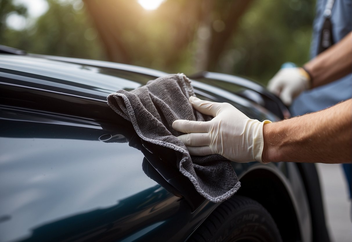 A hand holding a car scratch remover and buffing cloth, with a car in the background. Scratches are visibly fading as the product is applied