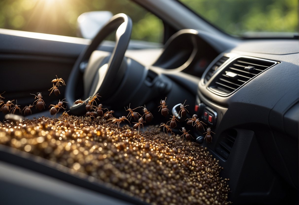Ants swarm inside a car, crawling over seats and floor mats. A can of insect spray sits on the dashboard, ready to be used