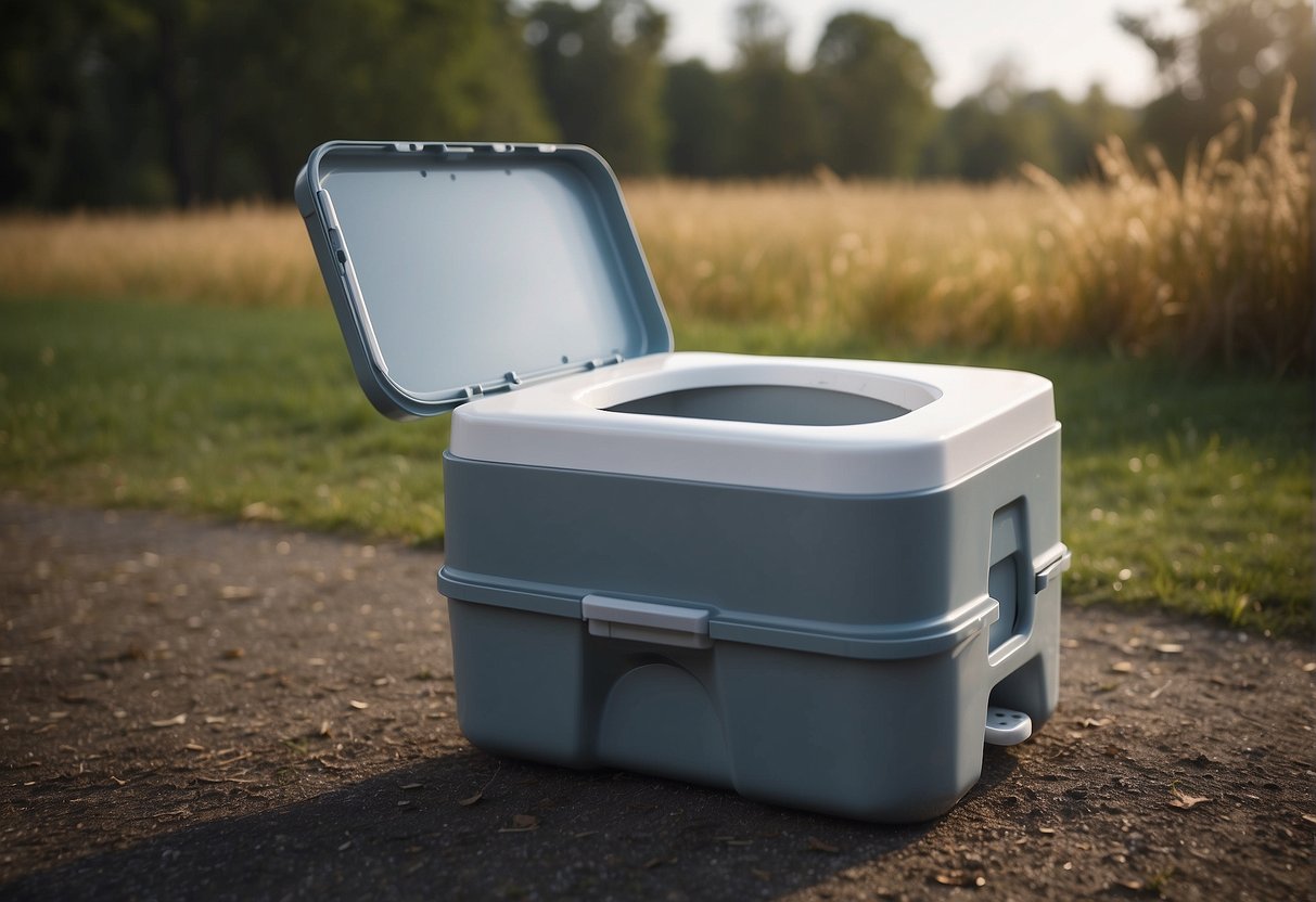 A portable car toilet is assembled with a plastic seat, a sturdy base, and a detachable waste container. A roll of toilet paper and a bottle of hand sanitizer are placed nearby for convenience