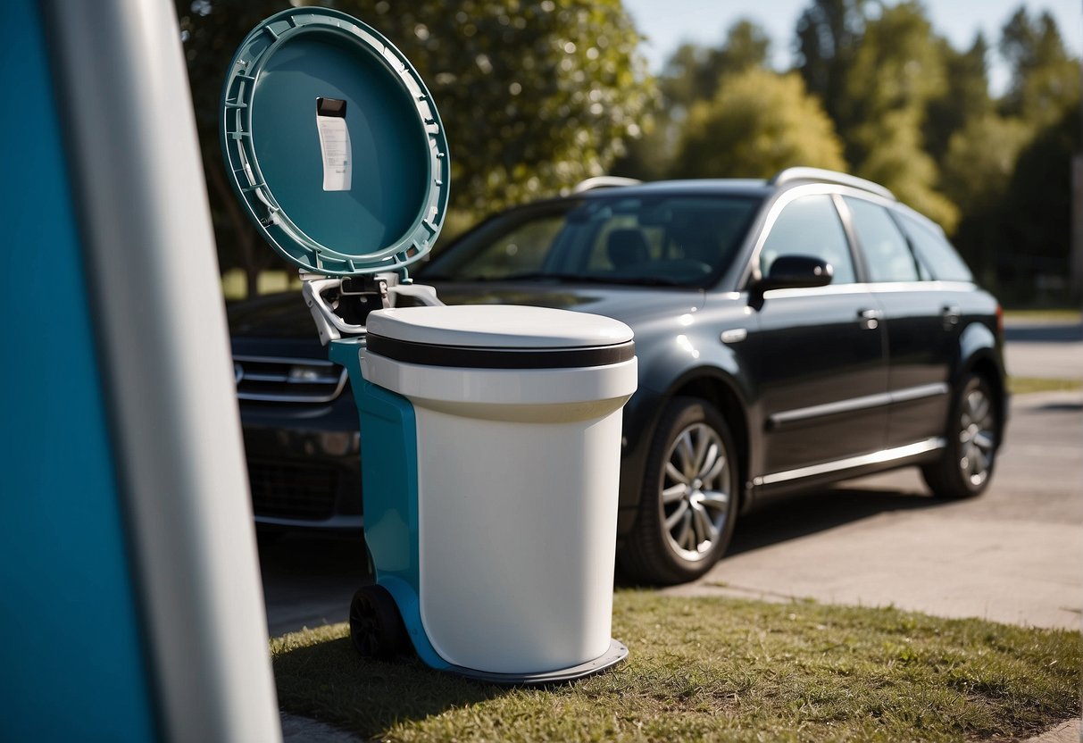 A portable toilet with accessories sits next to a car. A toilet paper holder, hand sanitizer, and air freshener are attached to the toilet