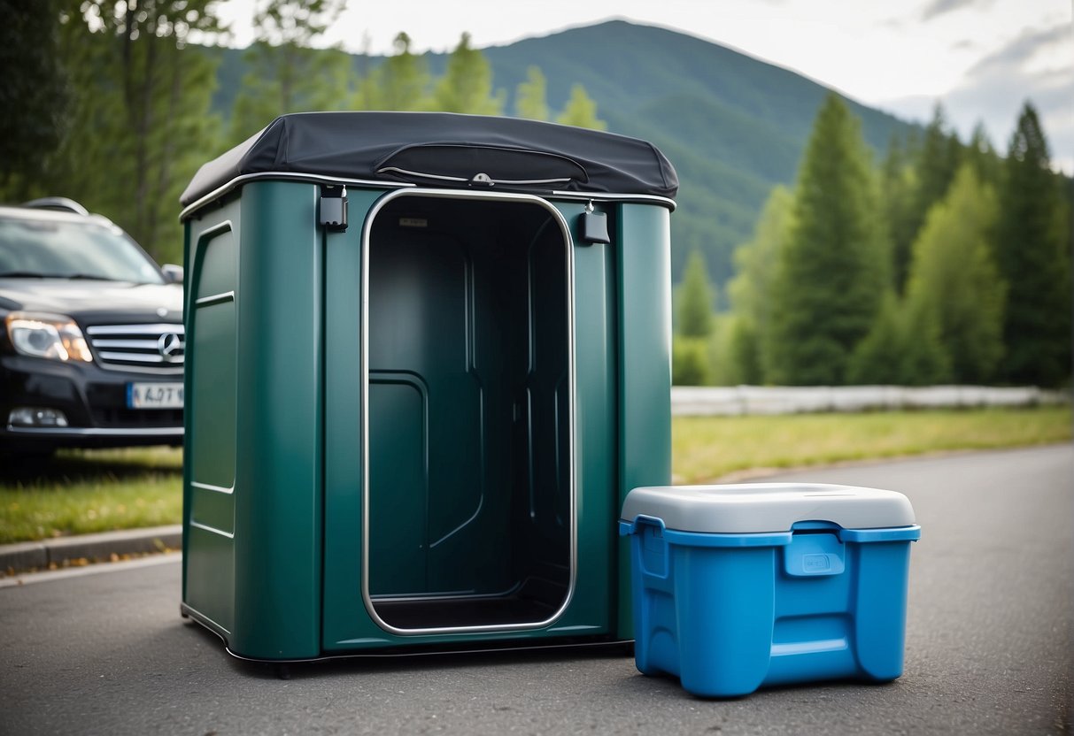 A portable car toilet is set up in a vehicle, with a secure and stable base, a discreet privacy screen, and easy access to waste disposal