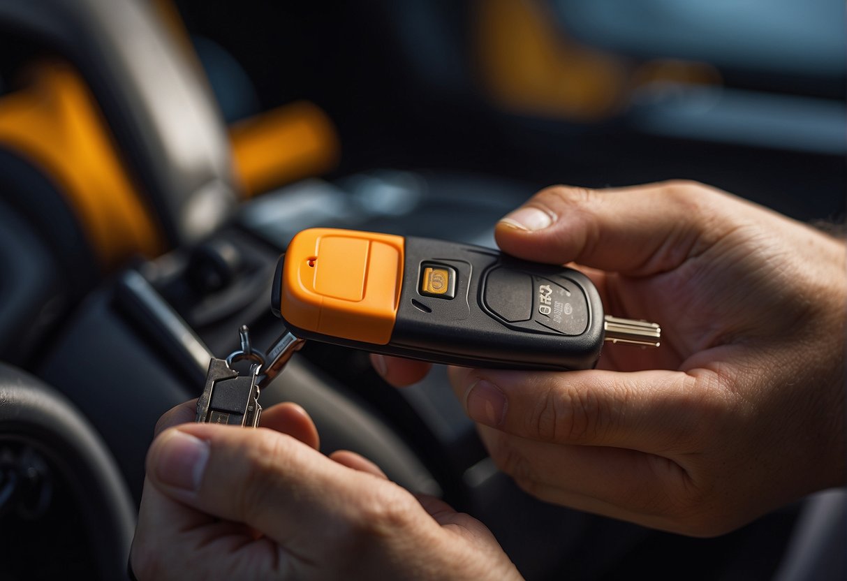 A hand holds a screwdriver, removing the back cover of a car key. A new battery is inserted and the cover is replaced