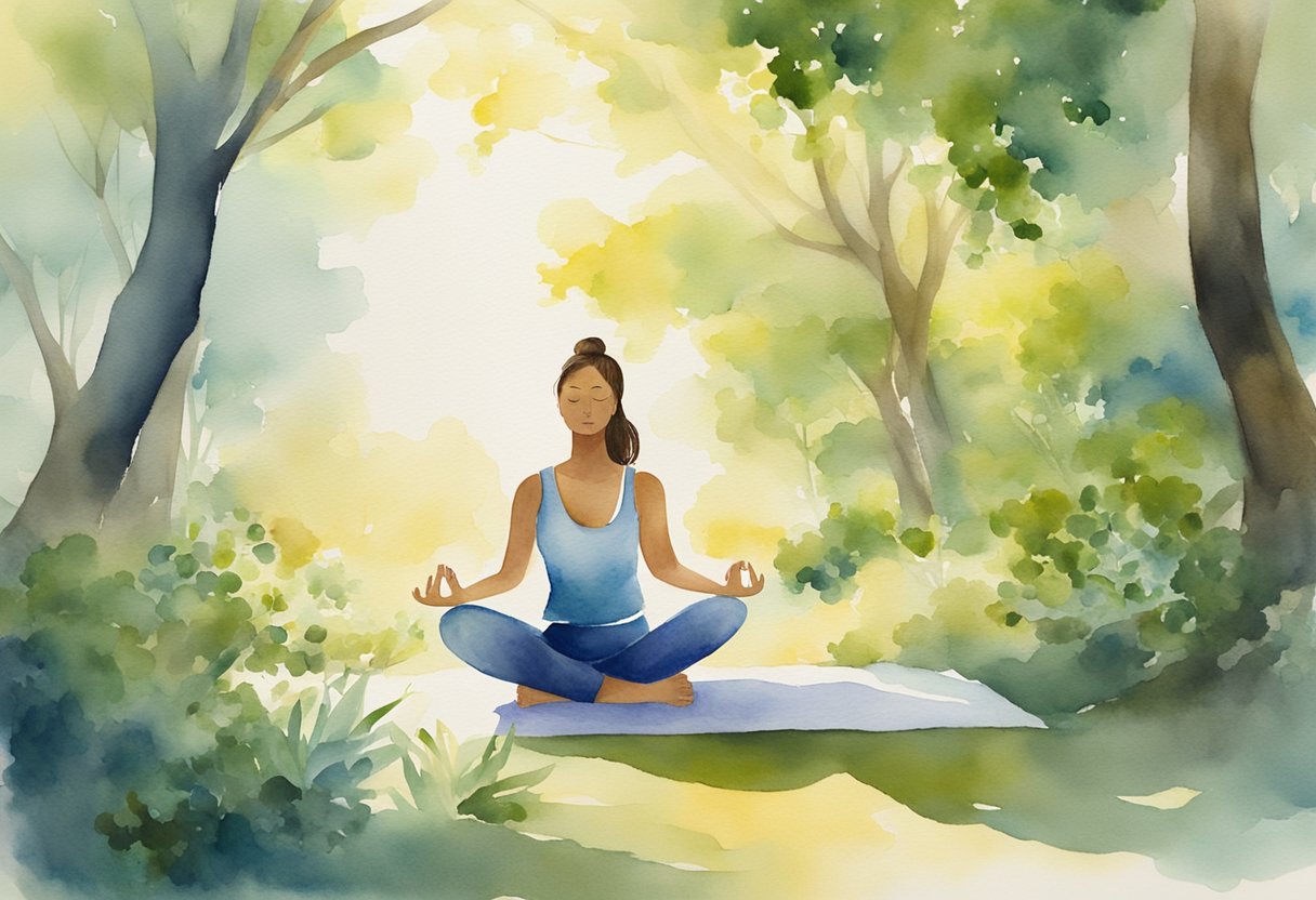 A figure engaged in yoga, surrounded by nature and sunlight, with a serene expression