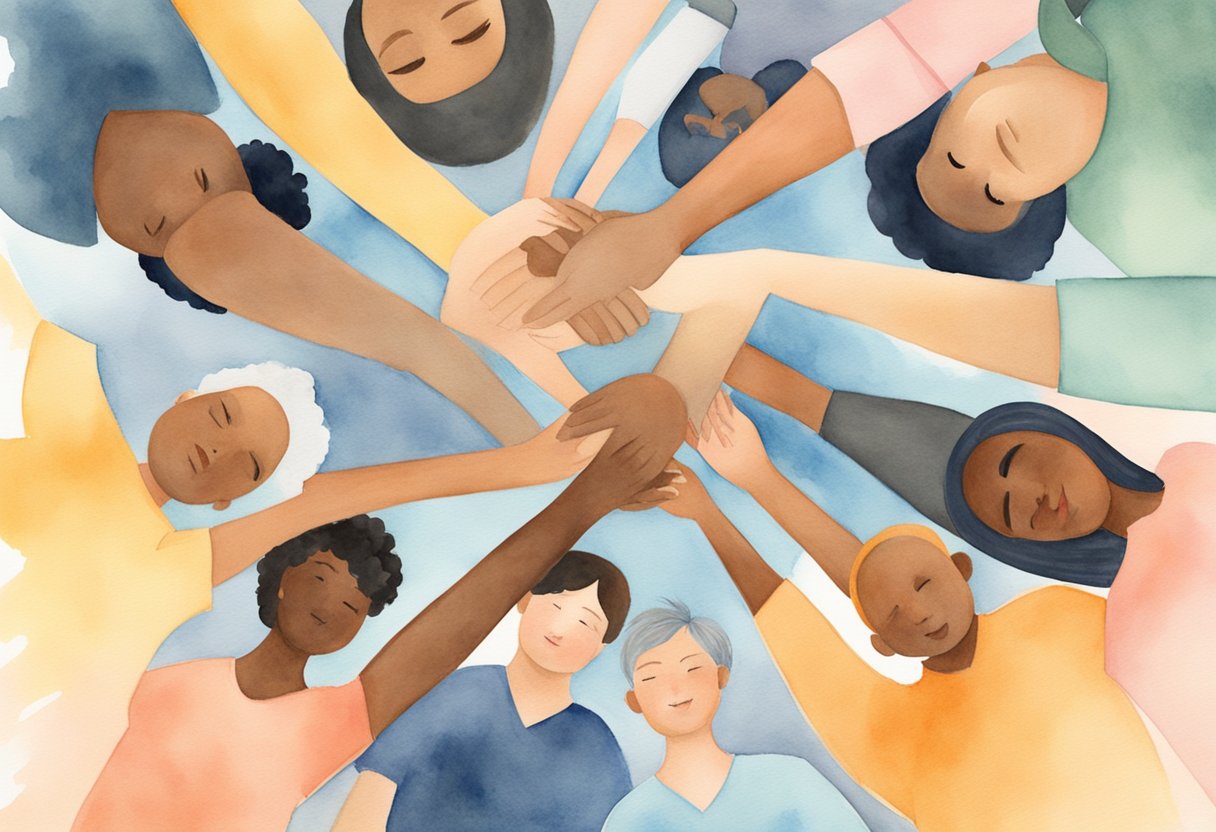 A group of diverse people gather in a circle, connecting and supporting each other. Symbols of hope and resilience surround them