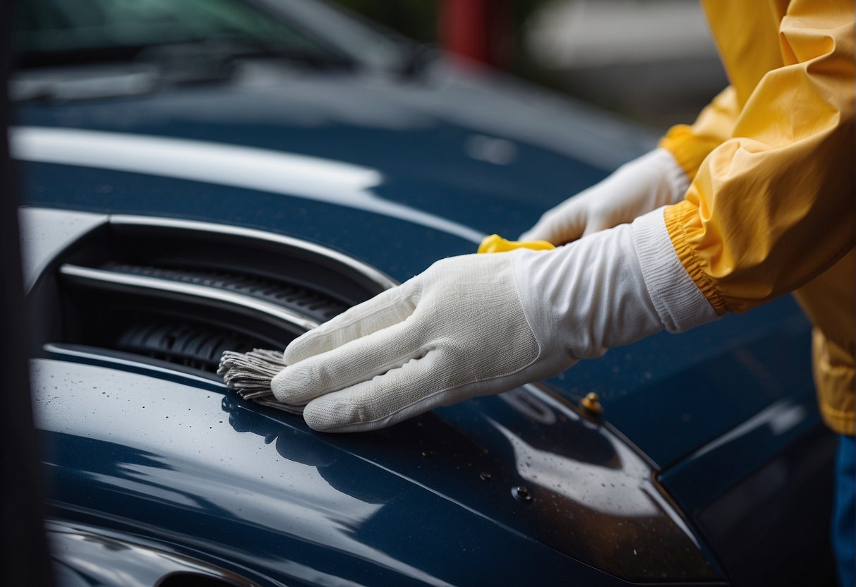 A gloved hand uses a wire brush to scrub away white corrosion from a car battery terminal. Baking soda paste sits nearby