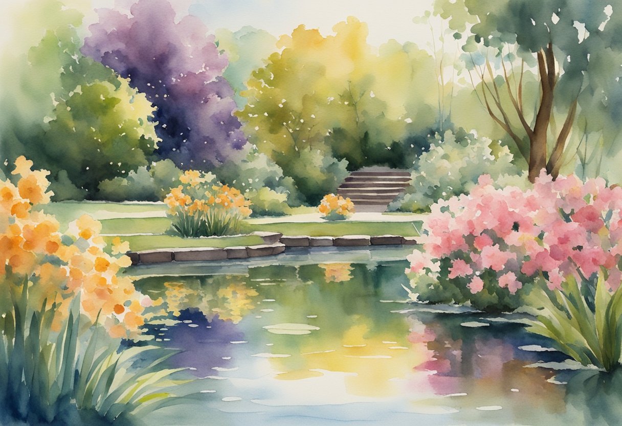 A serene garden with blooming flowers and a tranquil pond, surrounded by lush greenery and bathed in warm sunlight