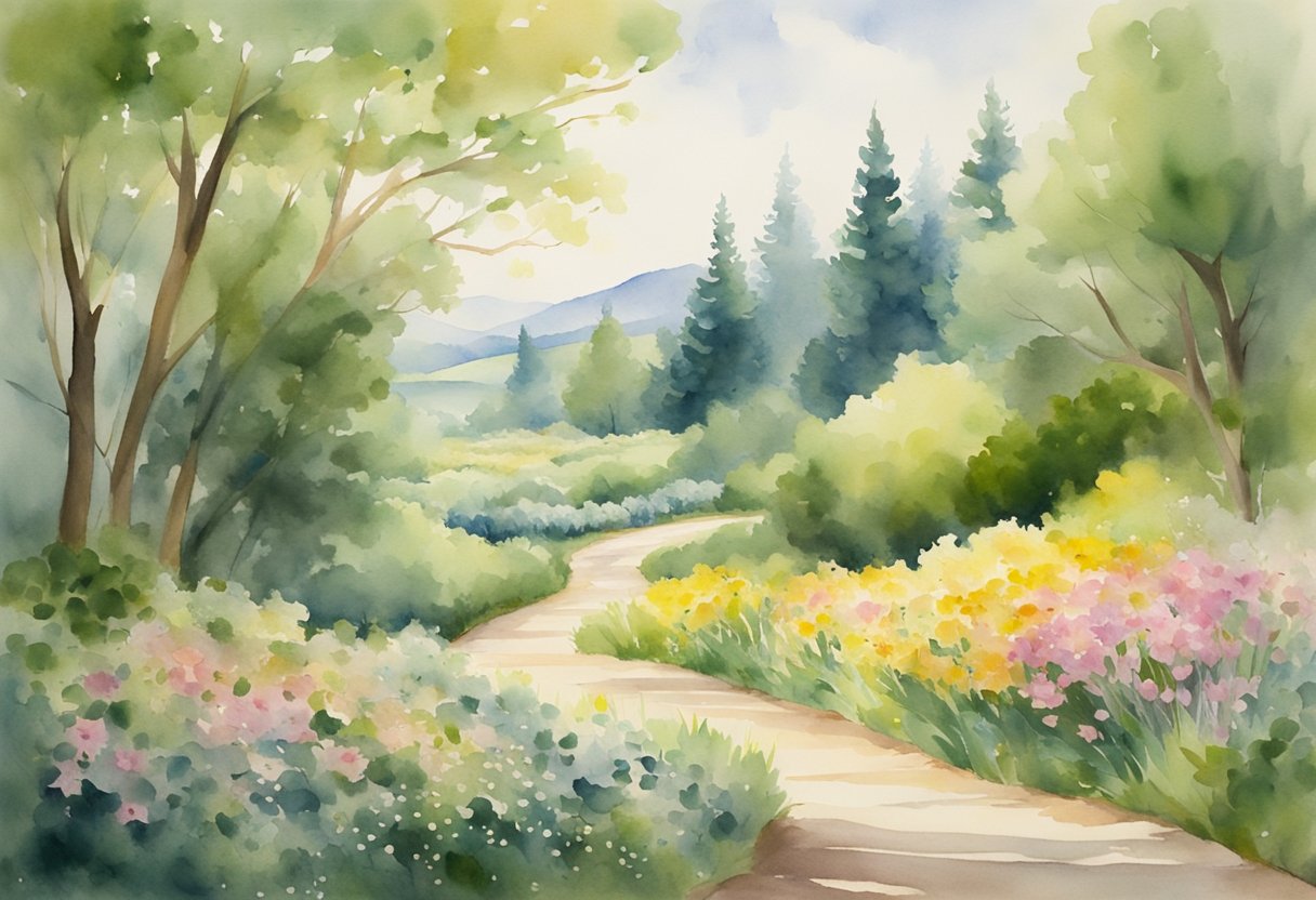 A serene landscape with a winding path leading to a peaceful, sunlit clearing surrounded by lush greenery and blooming flowers