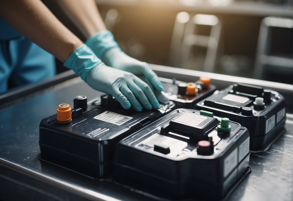 A car battery sits on a clean surface. A person applies baking soda paste to the corroded terminals and scrubs with a wire brush. They rinse the area with water and dry it off with a clean cloth