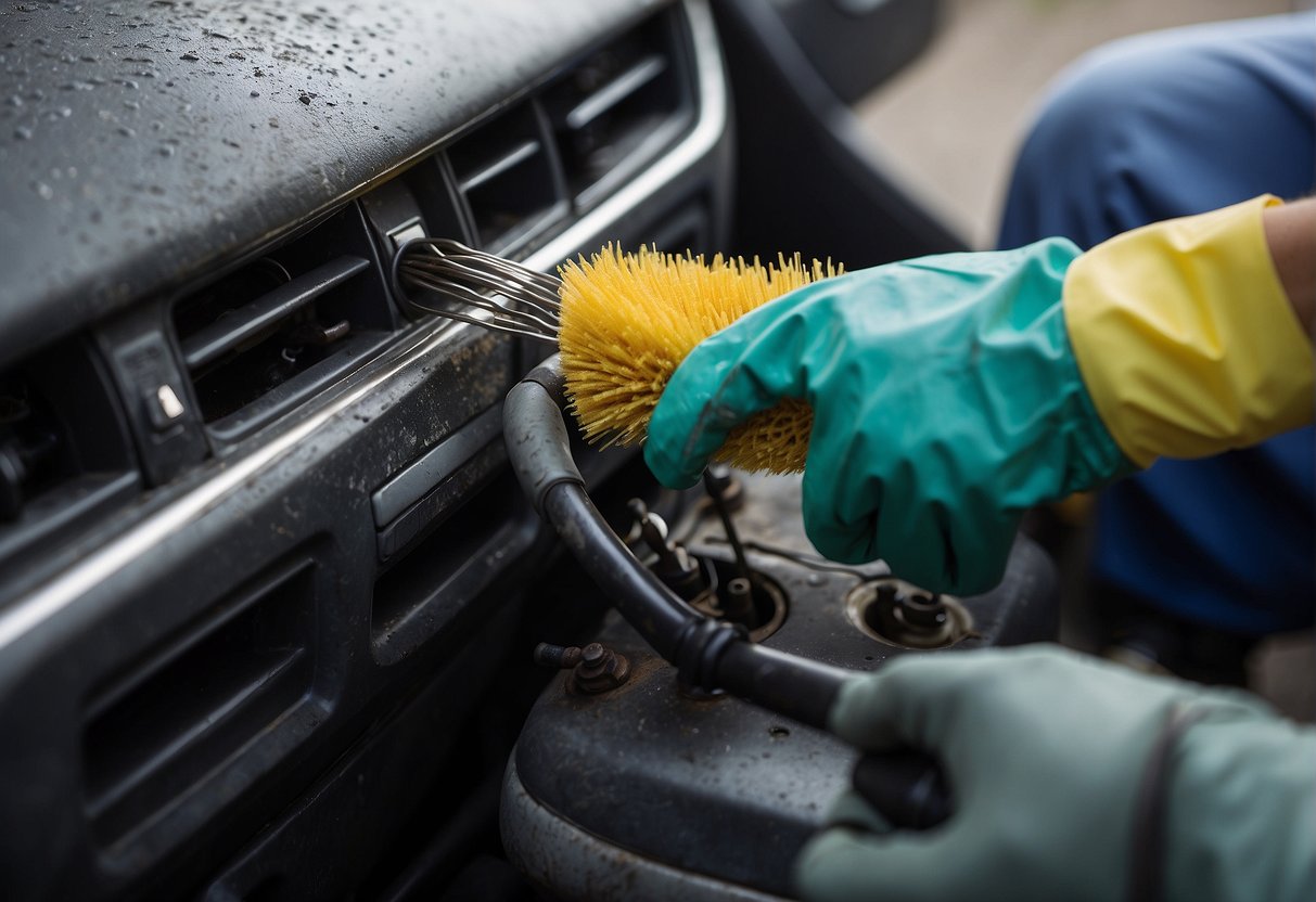 A gloved hand holds a wire brush, scrubbing away white corrosion from a car battery terminal. A bottle of baking soda solution sits nearby