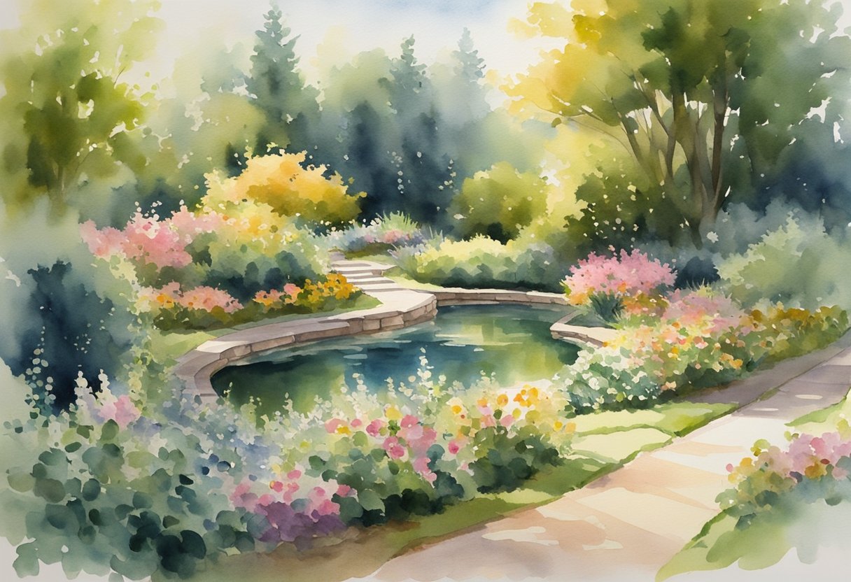 A serene garden with a winding path, blooming flowers, and a tranquil pond surrounded by lush greenery. The sun is shining, casting a warm and peaceful glow over the scene
