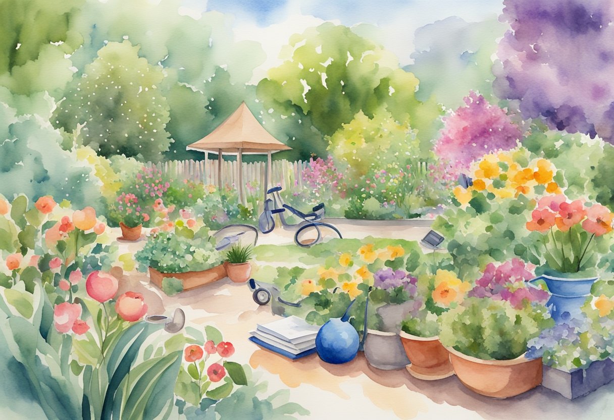 A vibrant garden with exercise equipment, books, and healthy food. A cancer thriver engages in active wellness pursuits, surrounded by practical tools and resources