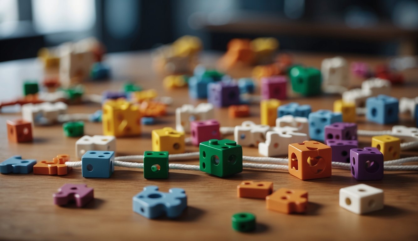 A group of diverse objects, such as puzzles, ropes, and building blocks, are arranged on a table, surrounded by a group of people