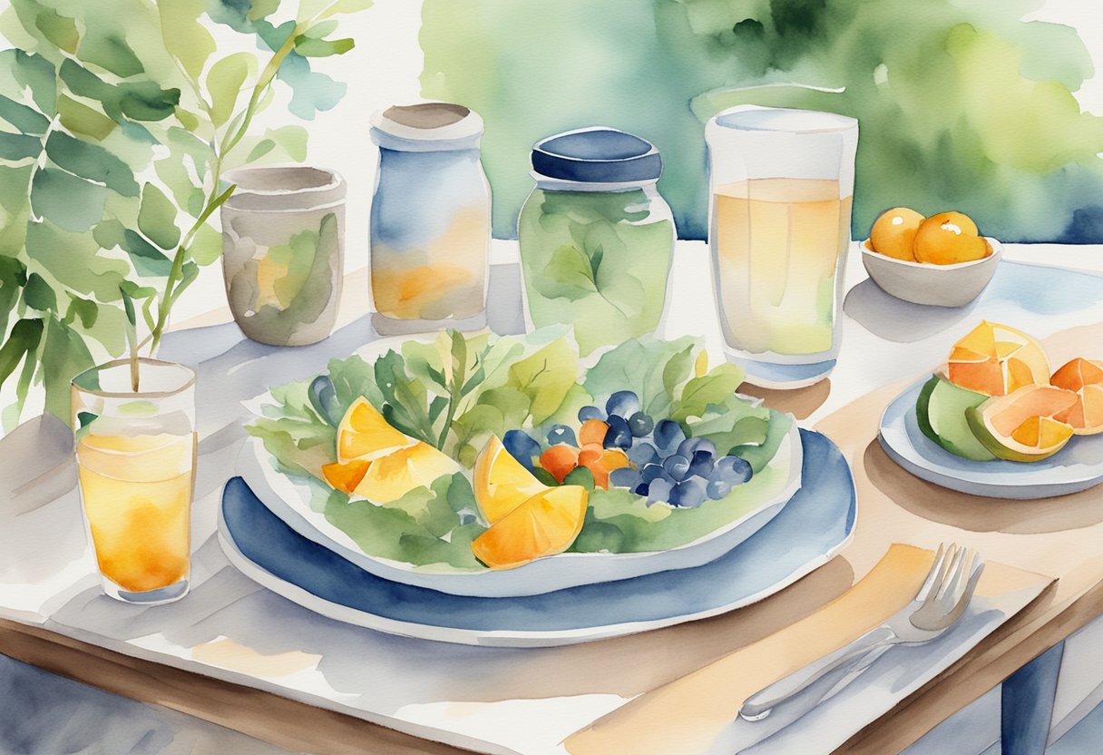 A serene setting with a personalized wellness plan displayed on a table, surrounded by vibrant, active lifestyle elements