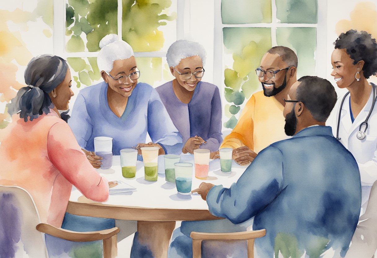 A group of diverse individuals gather around a table, sharing stories and offering support. A network of medical professionals and caregivers provide treatment and care for cancer thrivers