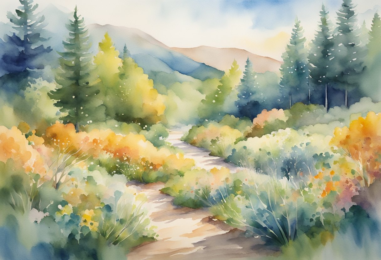 A serene nature setting with vibrant colors and a sense of movement, showcasing various active wellness activities such as yoga, hiking, and cycling