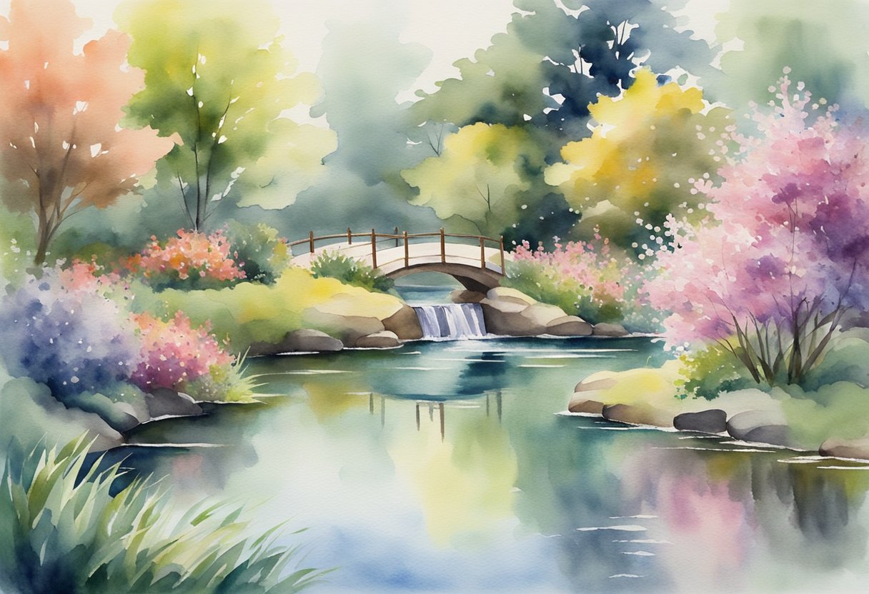 A serene garden with blooming flowers, a peaceful pond, and a gentle breeze, evoking a sense of calm and harmony