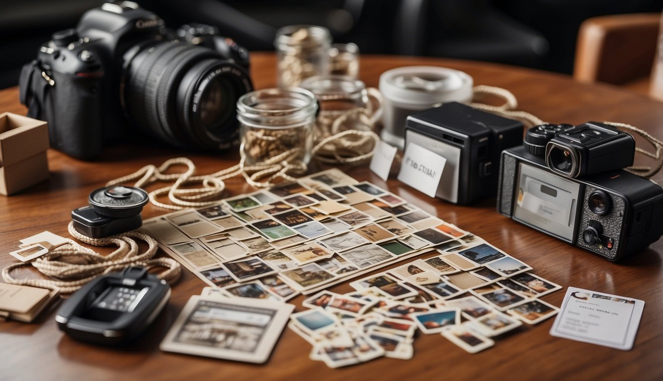 A group of diverse objects, including puzzles, ropes, and communication cards, arranged on a table with a "Team Building Kits" label