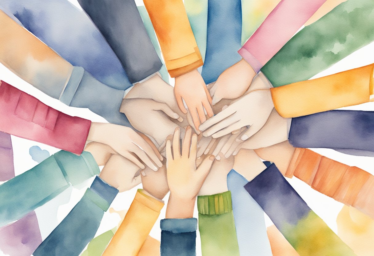 A group of people gather in a circle, holding hands and offering support to a cancer thriver. Signs and banners with messages of advocacy and community involvement are displayed in the background