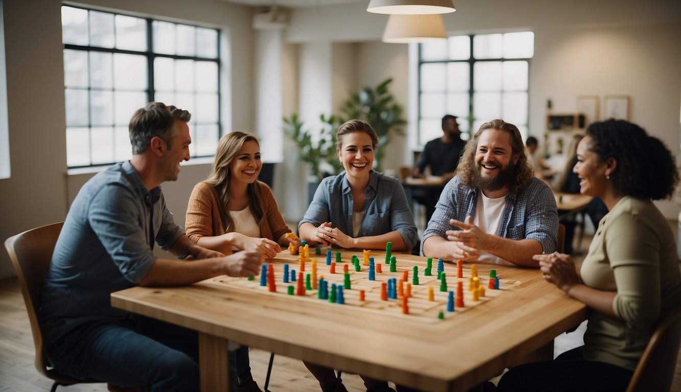 A group of people engage in team building activities using provided kits in a spacious, well-lit room. Laughter and camaraderie fill the air as they work together to complete challenges