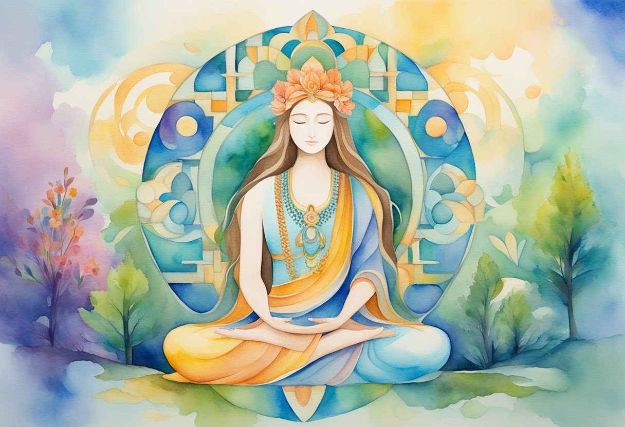 A serene figure meditates in a peaceful natural setting, surrounded by vibrant colors and symbols of healing and harmony