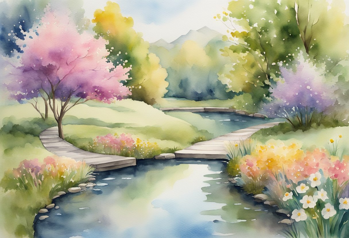A serene landscape with a winding trail, blooming flowers, and a peaceful pond, symbolizing active wellness pursuits for a cancer thriver