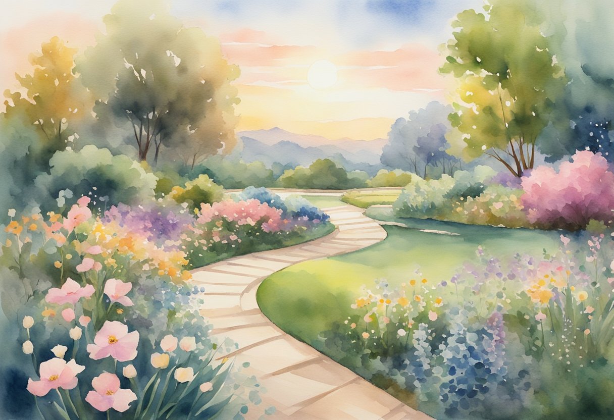 A serene garden with blooming flowers, a tranquil pond, and a winding path leading towards a glowing horizon