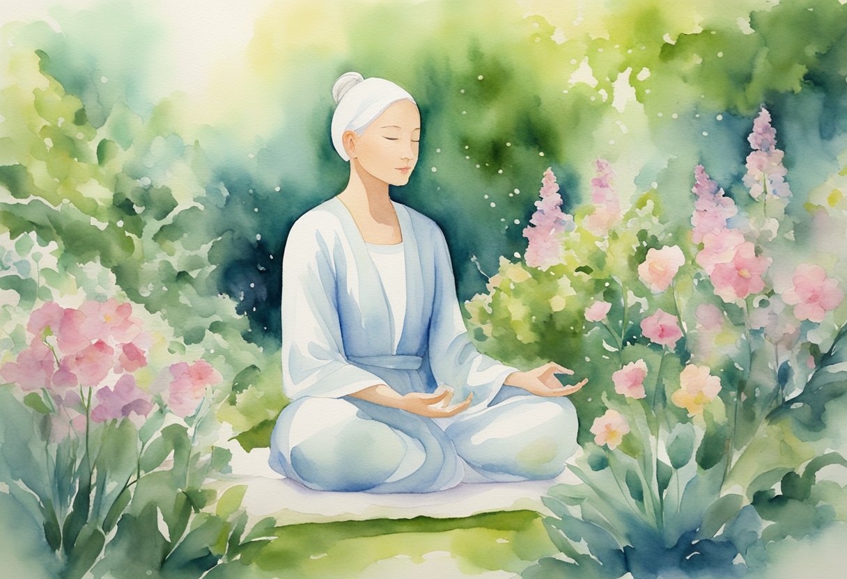 A serene figure meditates in a peaceful garden, surrounded by blooming flowers and lush greenery, symbolizing the harmonious balance between mind and body for a cancer thriver