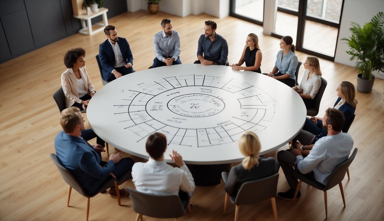 A group of people answering survey questions on teamwork in a circle, with a whiteboard in the center and a facilitator guiding the discussion