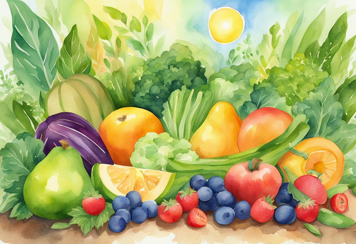 A colorful array of fresh fruits, vegetables, and whole grains, surrounded by vibrant green leaves and a glowing sun, representing the nourishment and vitality of recovery for a cancer thriver