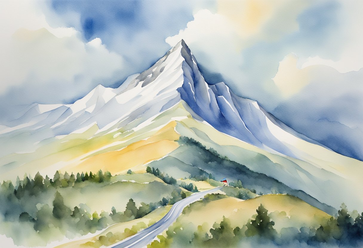 A mountain peak is conquered, a flag planted in triumph. A ribbon of hope weaves through the landscape, symbolizing progress and triumph over adversity