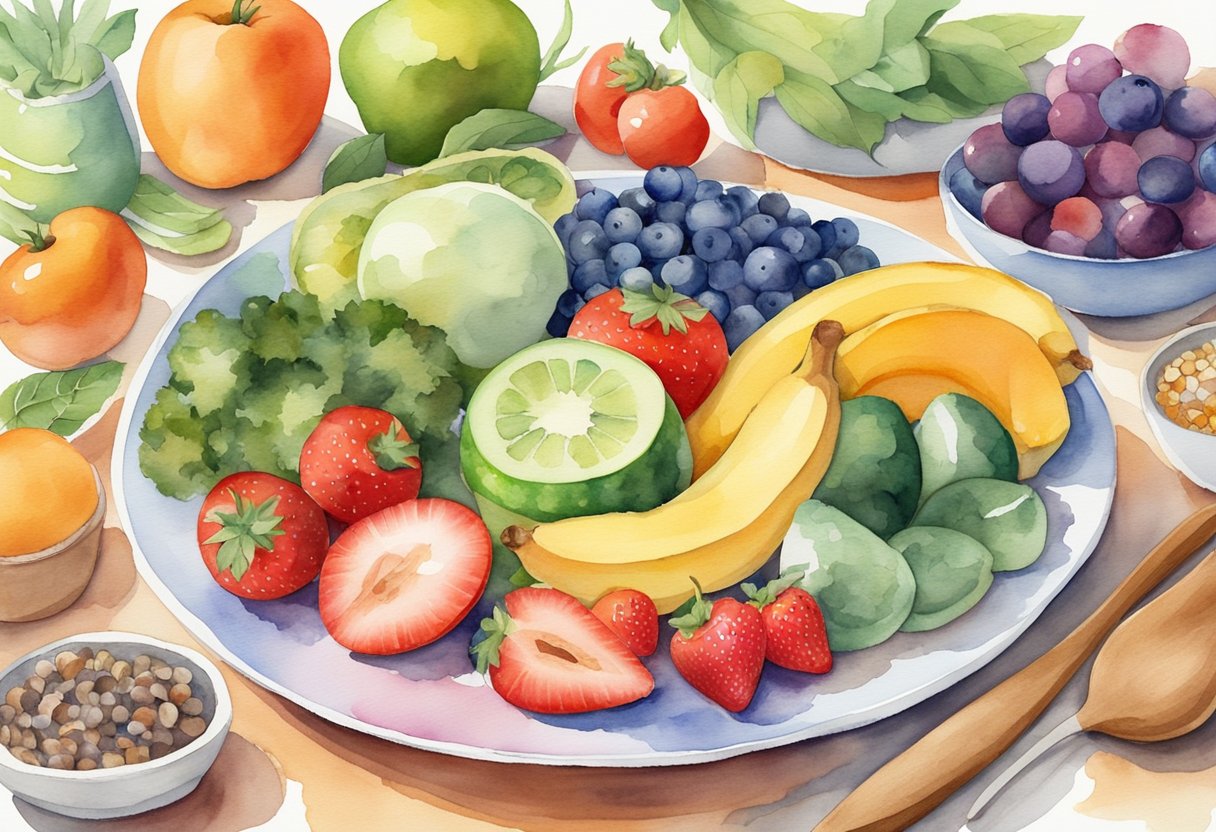 A colorful plate filled with a variety of nutrient-rich foods, including fruits, vegetables, whole grains, and lean proteins, with a focus on balance and portion control
