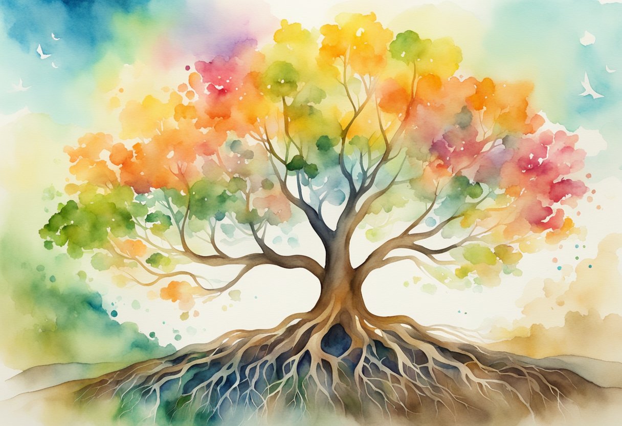 A vibrant tree with roots symbolizing resilience, surrounded by supportive community and reaching towards a bright future