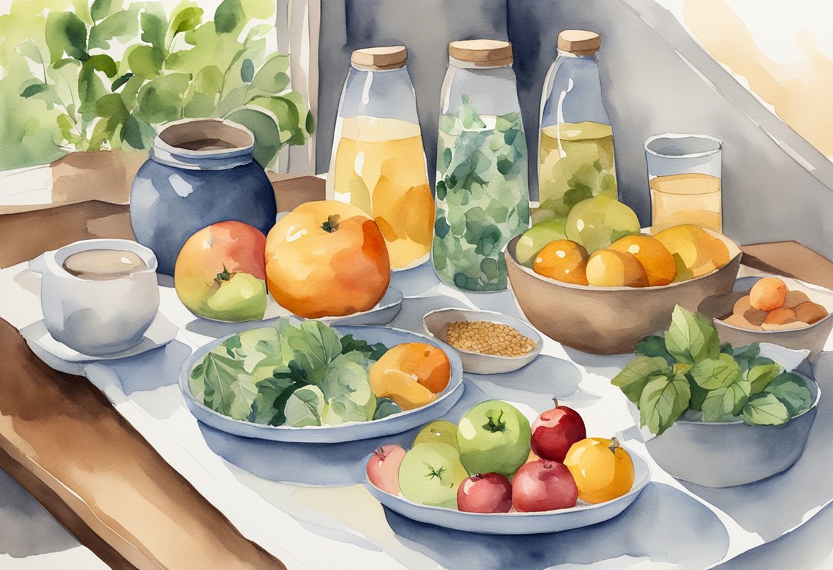 A table filled with colorful fruits, vegetables, whole grains, and lean proteins. A glass of water and a bottle of herbal tea sit nearby