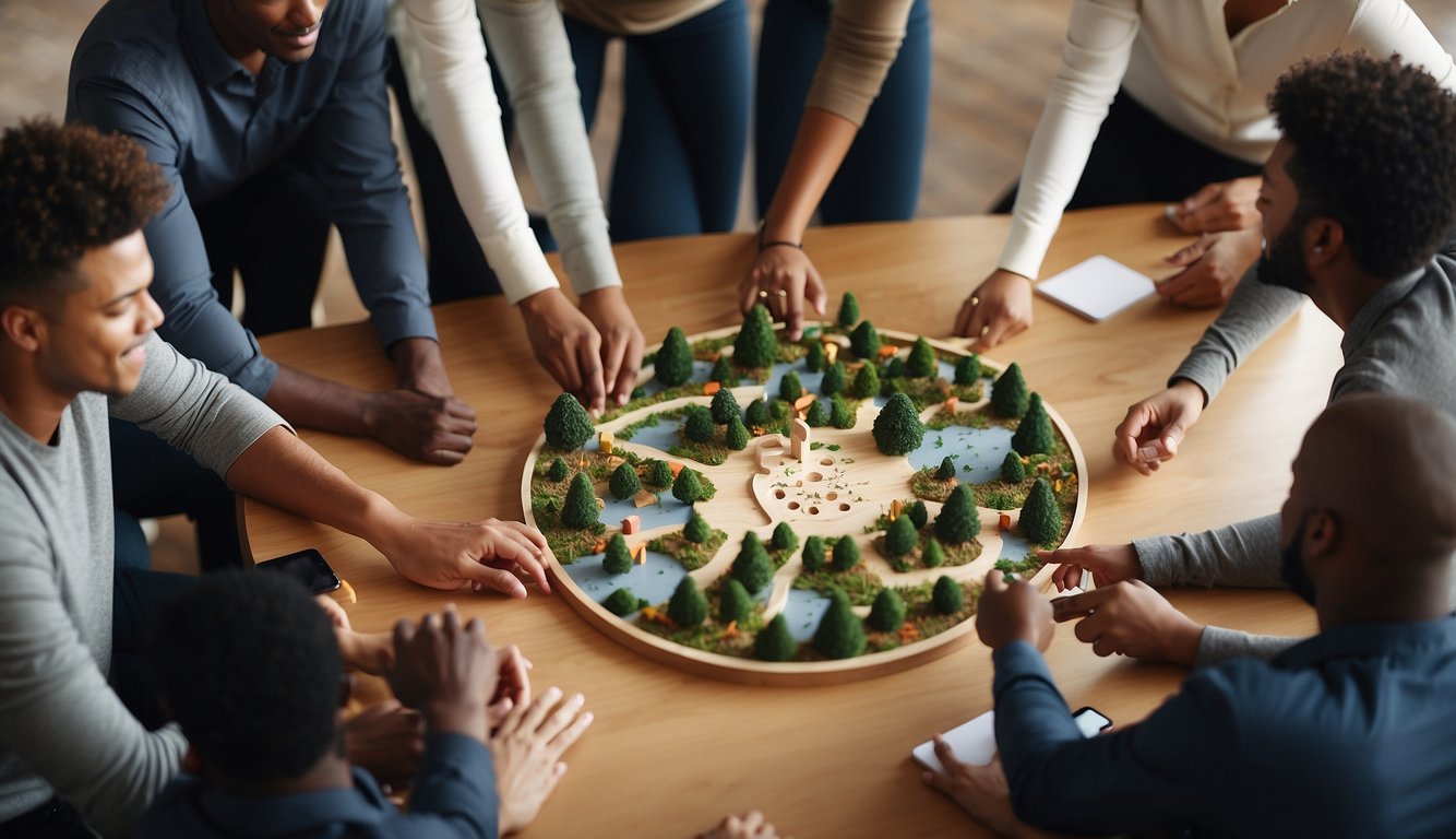A group of diverse individuals collaborate on a team-building activity, exchanging ideas and working together to solve challenges