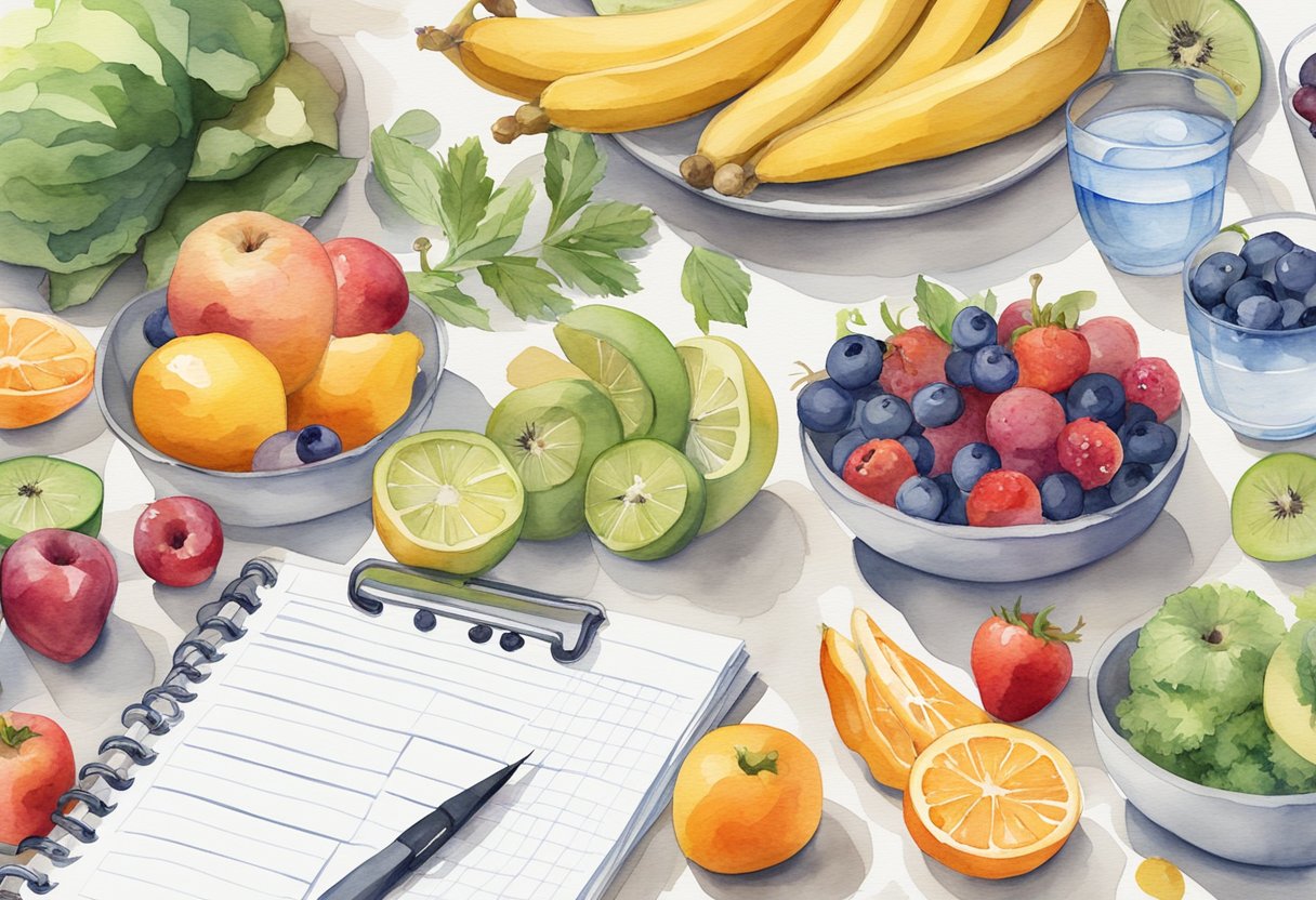A table with a variety of colorful fruits, vegetables, grains, and lean proteins displayed, alongside a glass of water and a nutrition plan notebook