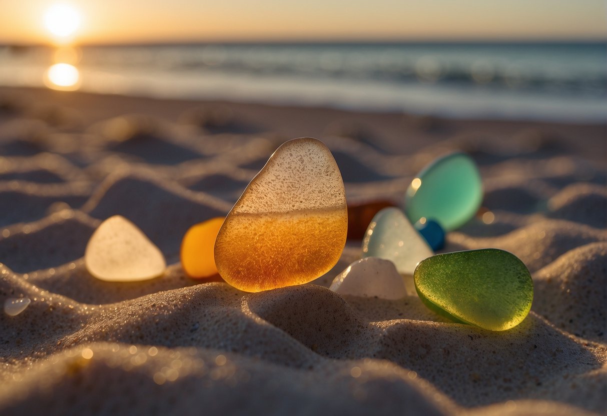 the sun sets over a sandy florida beach where waves gently wash up pieces of sea glass