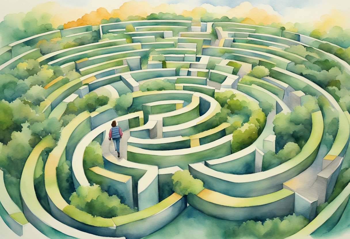 A person walks through a maze of treatment options, setting and achieving goals, symbolizing the journey of a cancer thriver