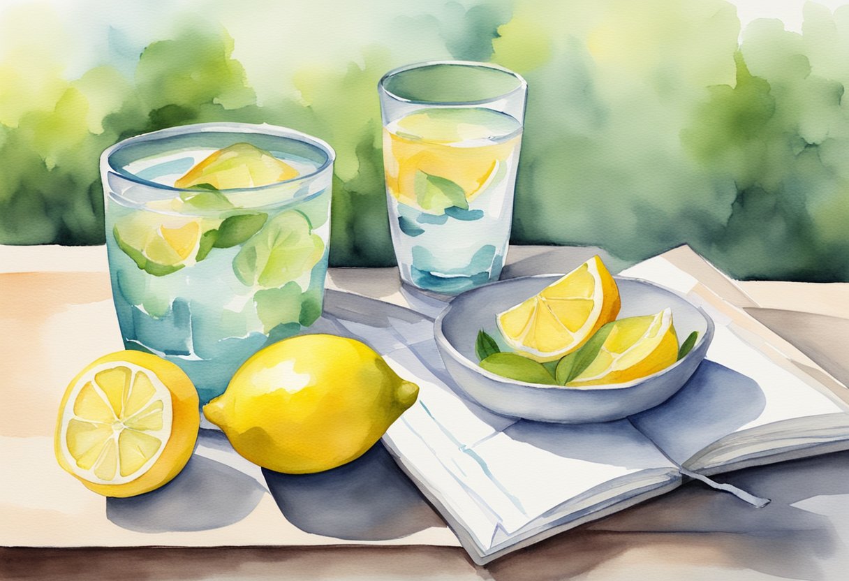 A table set with colorful, nutrient-rich foods. A glass of water with lemon. A journal with notes on treatment side effects and nutrition