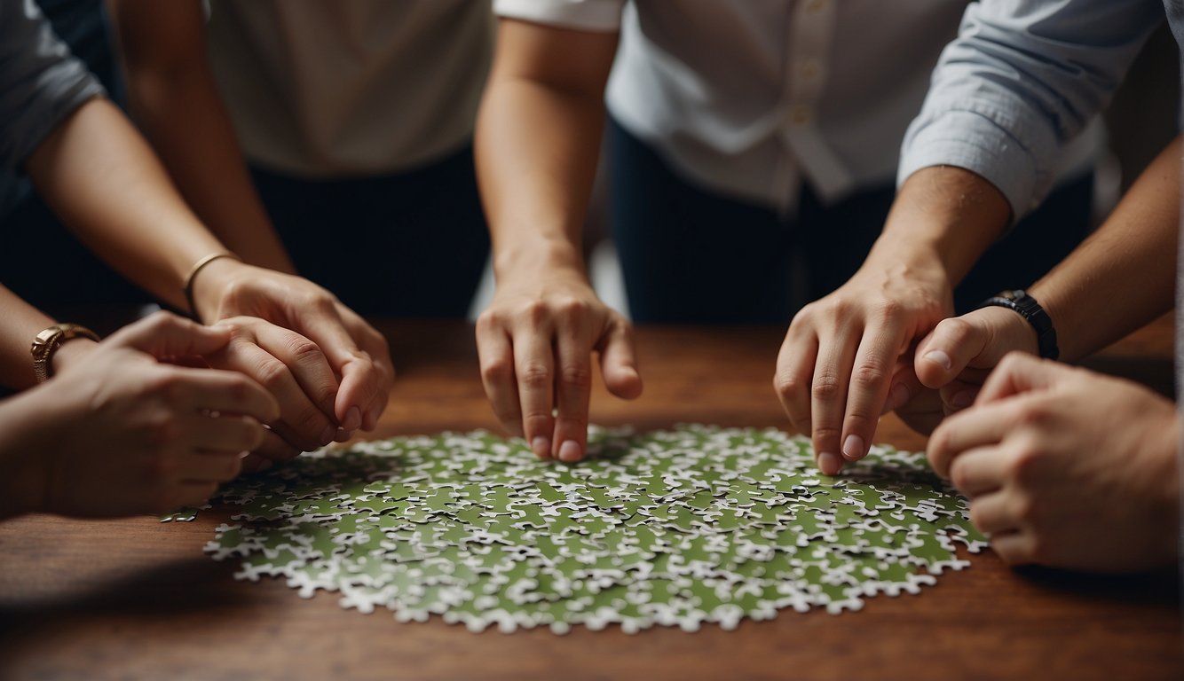 A group of people stand in a circle, each holding a piece of a puzzle. They are focused and engaged, working together to complete the puzzle as part of a team building activity