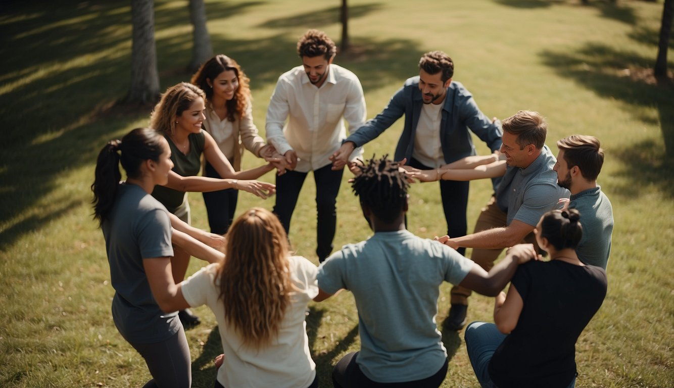 A group of diverse individuals engage in a trust fall exercise, forming a circle and supporting each other's backs