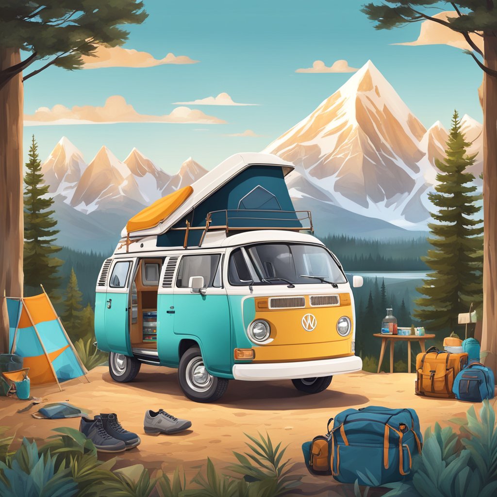 A campervan surrounded by outdoor adventure gear and travel souvenirs, with a cozy interior and a scenic backdrop