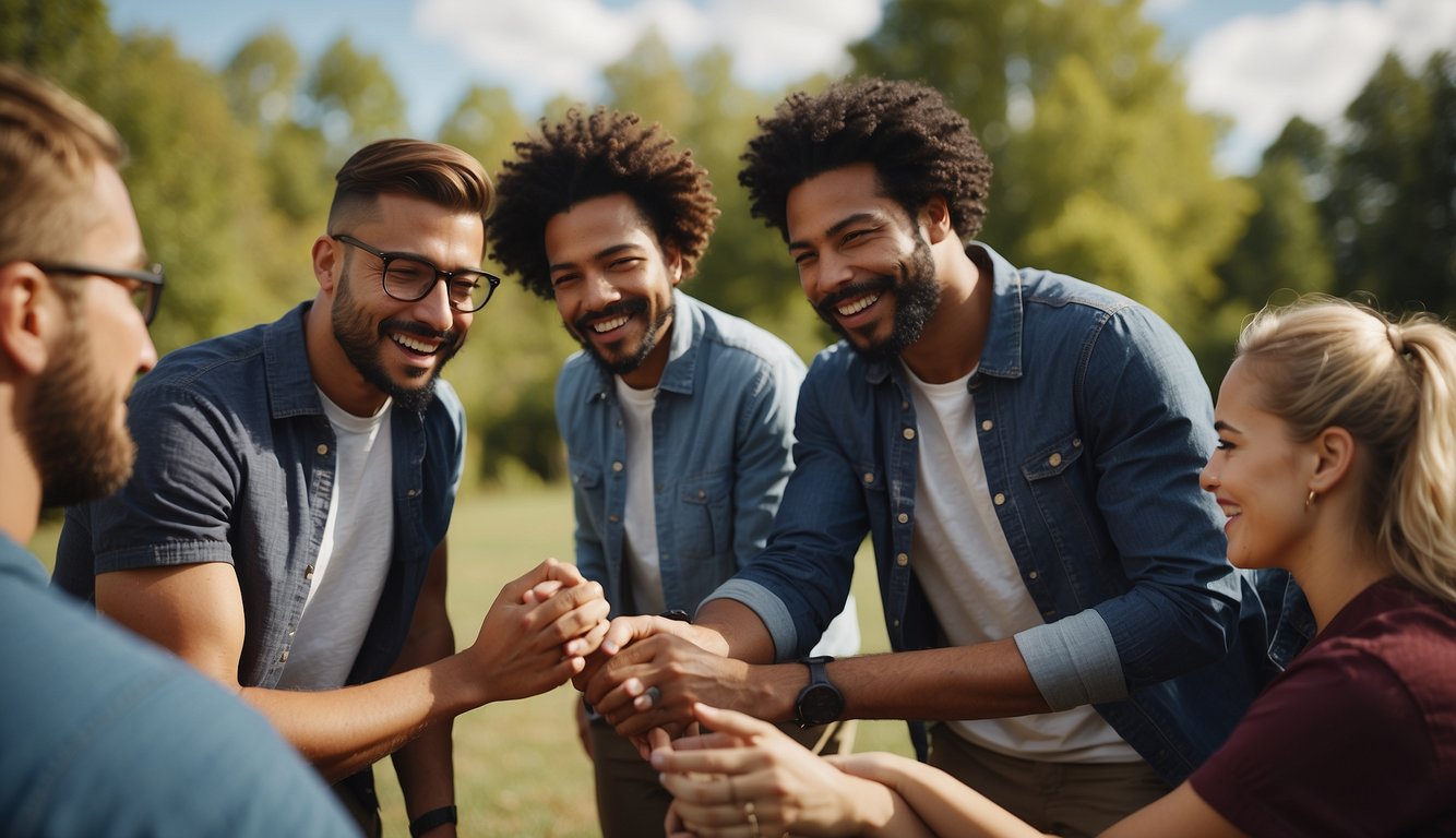 A group of diverse individuals engage in team building activities outdoors, demonstrating collaboration and communication skills