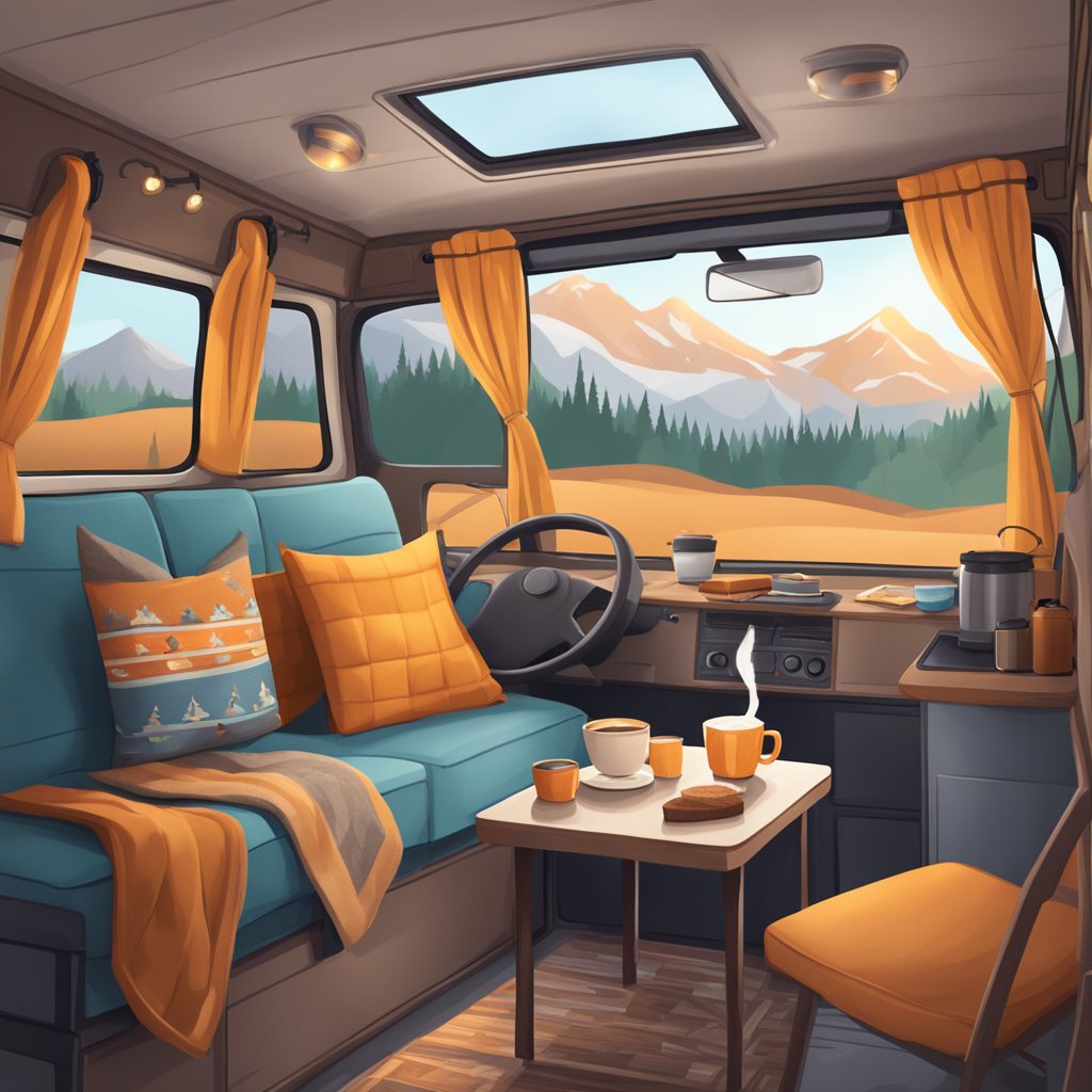 A cozy campervan interior with warm blankets, soft pillows, and a flickering campfire. A steaming mug of hot cocoa sits on a fold-out table