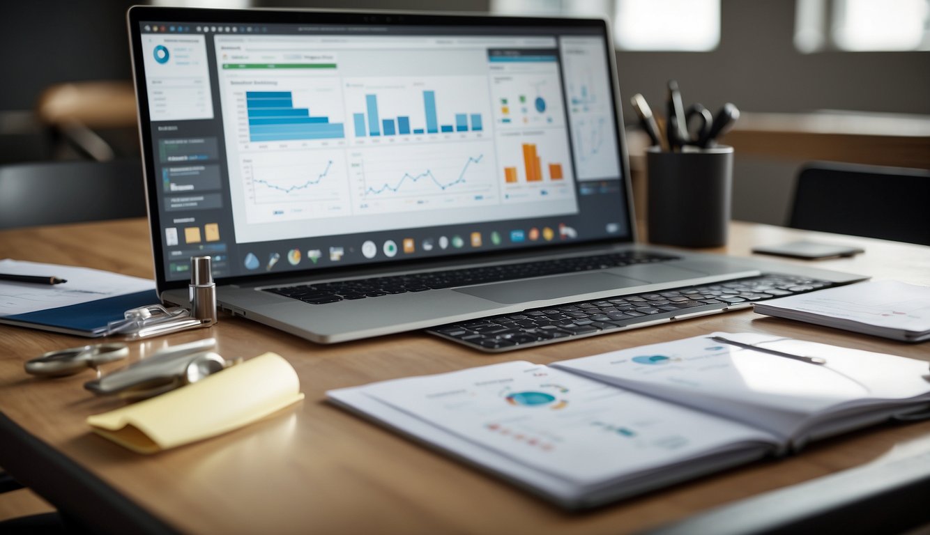 A table with various tools, charts, and diagrams spread out. A laptop displaying a team building presentation. A whiteboard with brainstorming notes