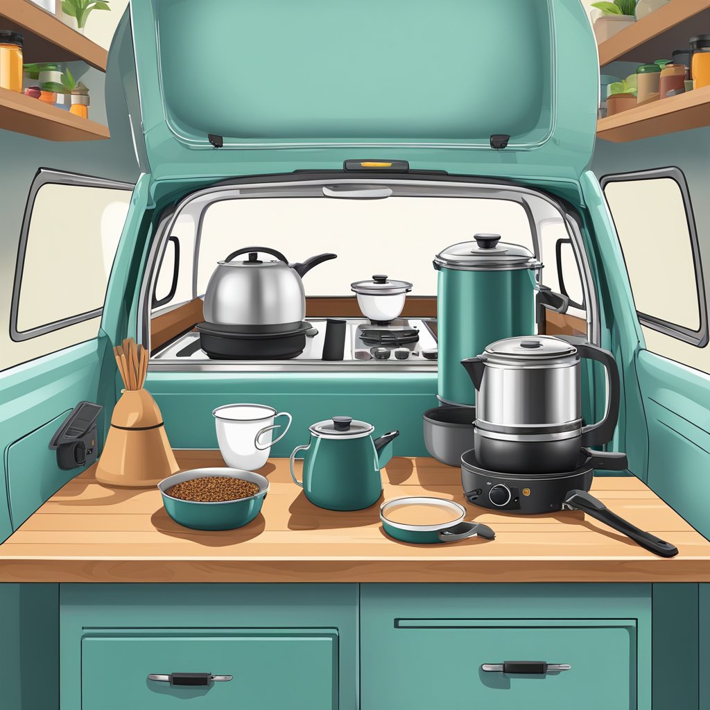 A campervan kitchen with pots, pans, utensils, and a portable stove. A cutting board, spices, and a coffee maker complete the cooking essentials