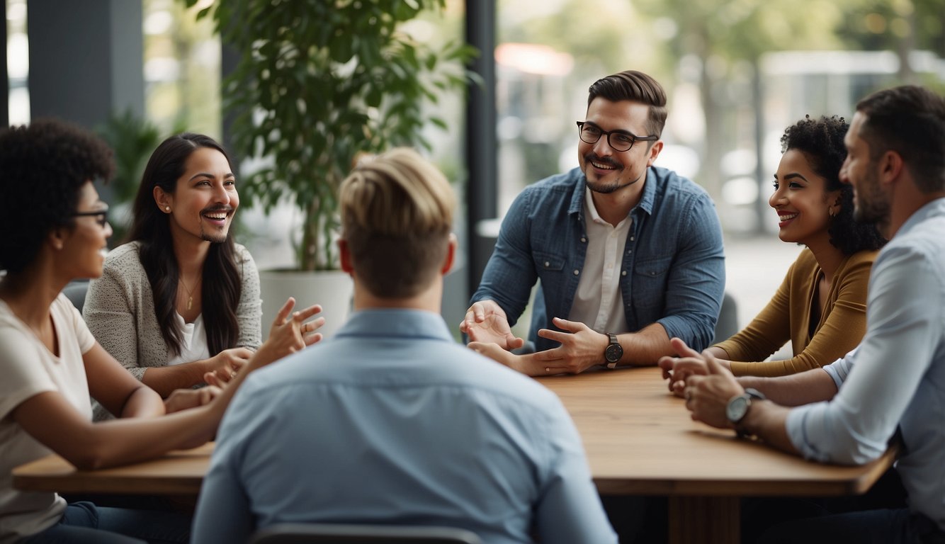 A group of diverse people engage in team building activities led by a consultant, discussing frequently asked questions