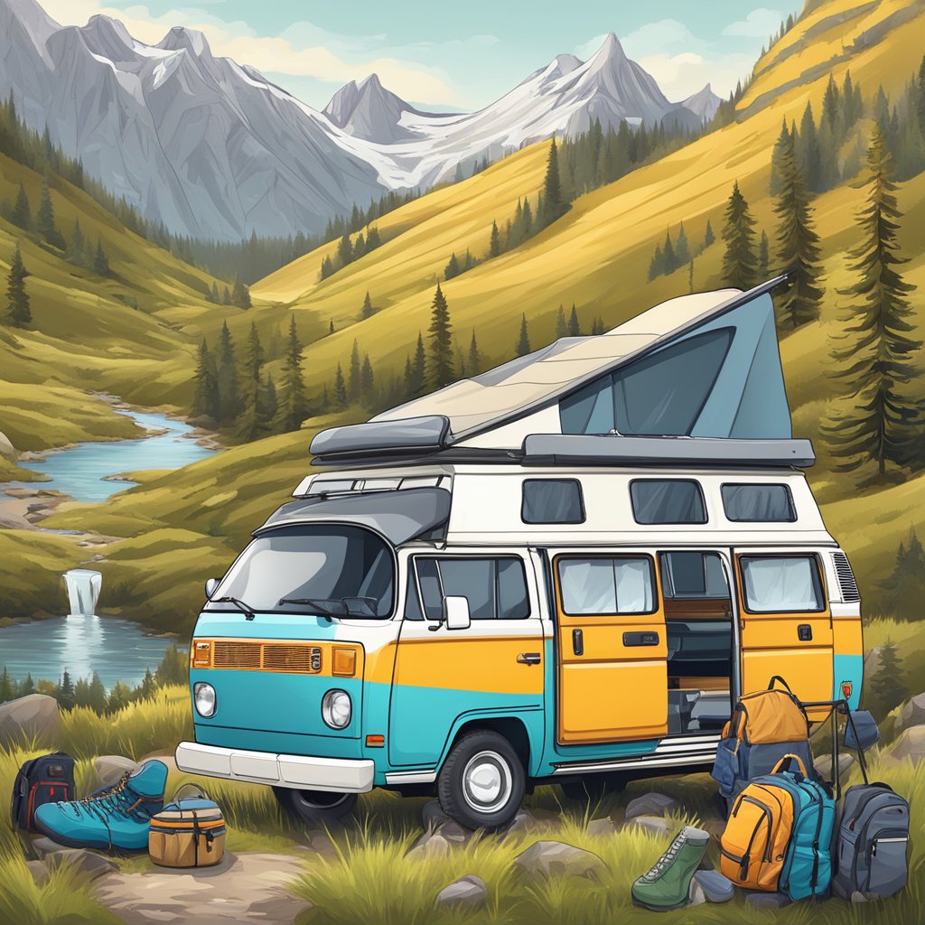 A campervan parked in a scenic outdoor setting, surrounded by adventure gear such as hiking boots, backpacks, and camping equipment