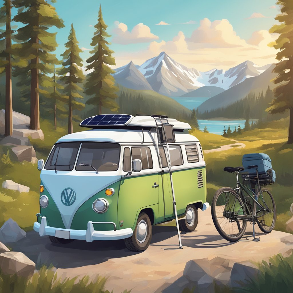A campervan parked in a scenic wilderness, with a bike rack, solar panels, and outdoor chairs. A map and travel guide sit on the dashboard
